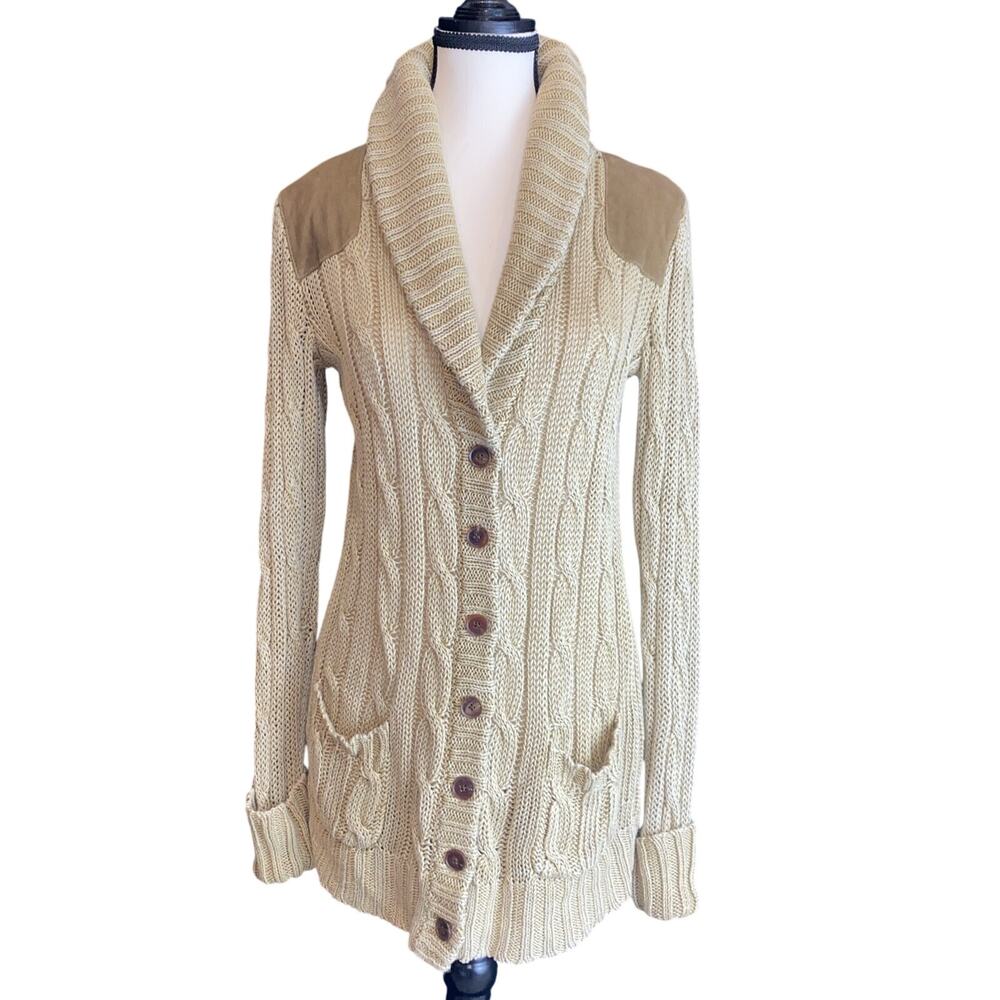 Ralph Lauren BLUE LABEL Cable Knit Cardigan Suede Patch & Linen Button up Small